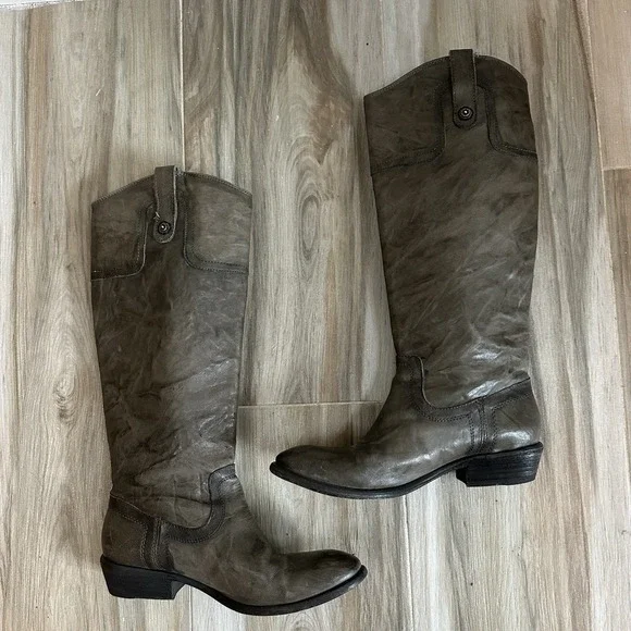 FRYE Carson Boots SZ 8.5 Tall Gray Leather Cowboy Western Riding Pull on Classic